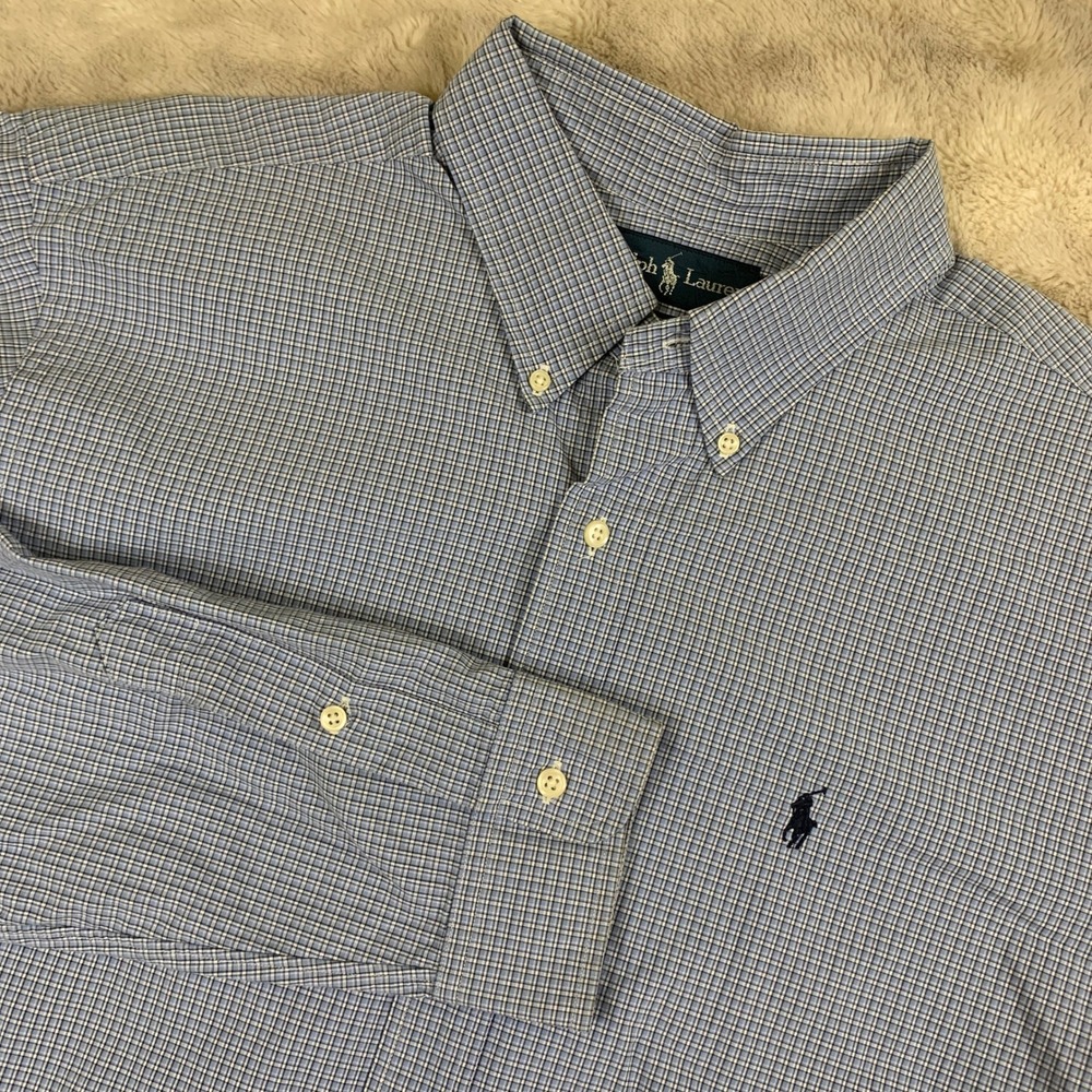 Ralph‎ Lauren Classic Fit Mens XL Blue White Check Button Down Shirt Long Sleeve